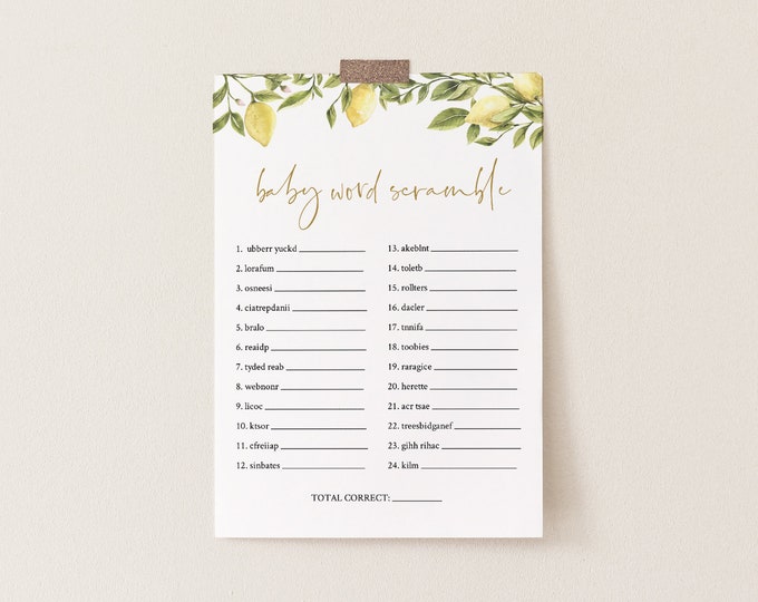 Baby Word Scramble Game, Printable Baby Word Puzzle, Citrus Lemon Greenery Baby Shower, Editable Template, INSTANT DOWNLOAD #089-105BASG