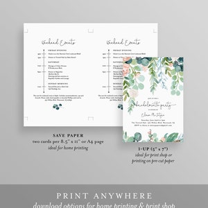 May include: Printable save the date cards for a bachelorette party. The cards feature a watercolor design with greenery and flowers in shades of pink and green. The text on the cards reads "Weekend Events" and includes a schedule of events for the weekend. The cards are designed to be printed at home or at a print shop.