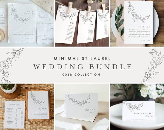 Minimalist Laurel Wedding Bundle, Invitation Suite + Wedding Essentials, 100% Editable Templates, Instant Download, Templett #0006B-BUNDLE