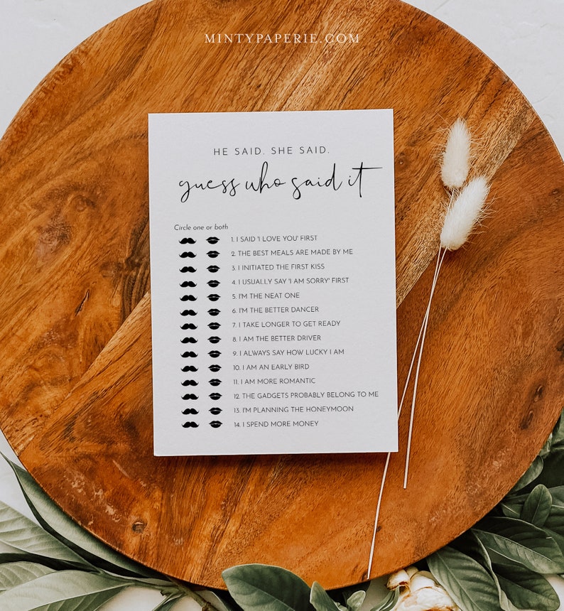 He Said She Said Bridal Shower Game, Guess Who Said It, Minimalist Bridal Game, Editable Template, Instant Download, Templett 0031-05BRG image 3