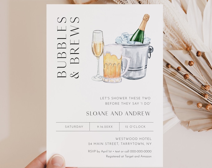 Bubbles and Brews Couples Shower Invitation Template, Brews and Bubbly Bridal Shower Invite, Printable, Editable #0026D-310BS