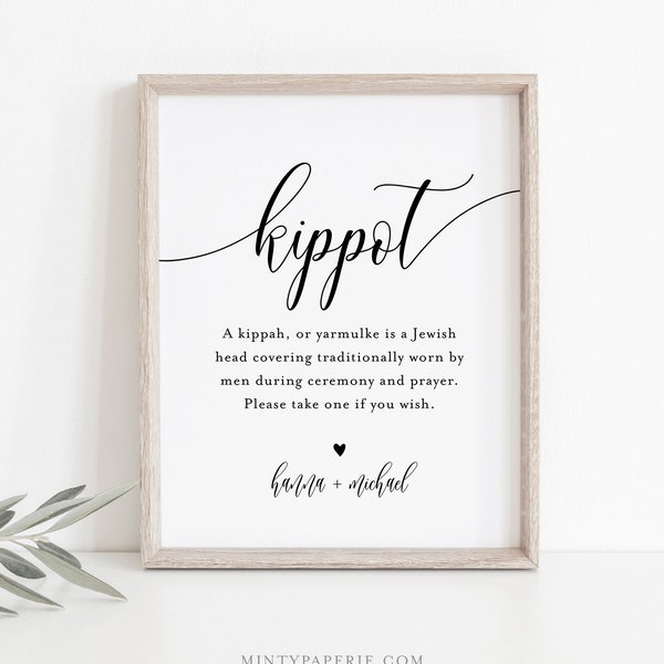 Kippot Sign Template, Printable Minimalist Kippah Sign, Jewish Wedding Yarmulke Basket, Bar Mitzvah, Instant Download, Templett #008-40S