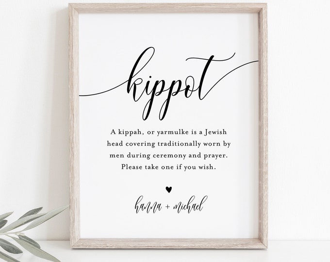 Kippot Sign Template, Printable Minimalist Kippah Sign, Jewish Wedding Yarmulke Basket, Bar Mitzvah, Instant Download, Templett #008-40S