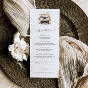 Schrijfmachinemenu, afdrukbaar schrijversthema bruids / babyshower dinermenukaart, bewerkbare sjabloon, direct downloaden, Templett #0061-162WM