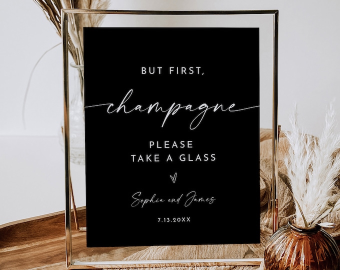 Wedding Champagne Sign, Classic Black Wedding Champagne Toast, Sparking Wine, Bar Sign, Editable Template, Instant, Templett #0034B-42S