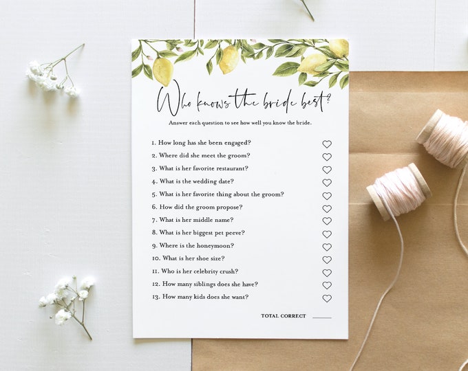 Who Knows the Bride Best Bridal Shower Game, Printable Summer Citrus Lemon Bridal Shower Template, Instant Download, Templett #089-206BG