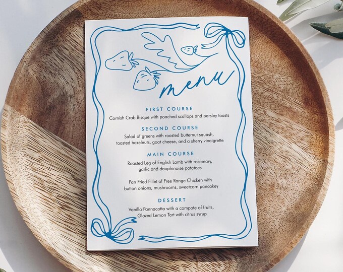 Fresh Market Menu, Printable Strawberry Bridal / Baby Shower Menu Card, Coquette, Editable Template, Instant Download, Templett #0058A-167WM