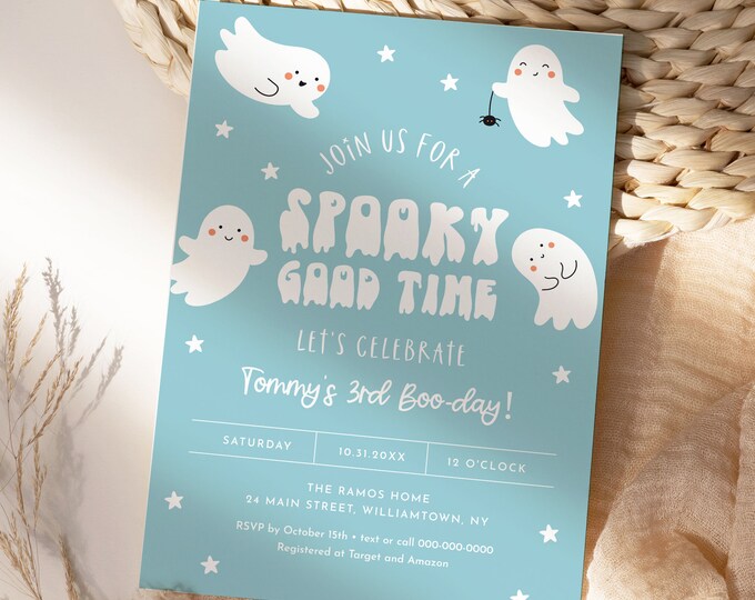 Halloween Birthday Party, Spooky Good Time Birthday Invitation, Boy Birthday, Cute Ghosts, Editable Template, Instant, Templett #0001-137BD