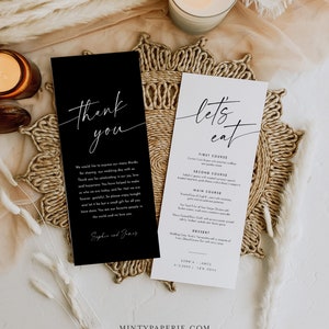 Modern Menu and Thank You Card, Classic Black Wedding Dinner Menu Template, Thank You Note, Editable, Instant, Templett, 4x9 #0034B-226WM