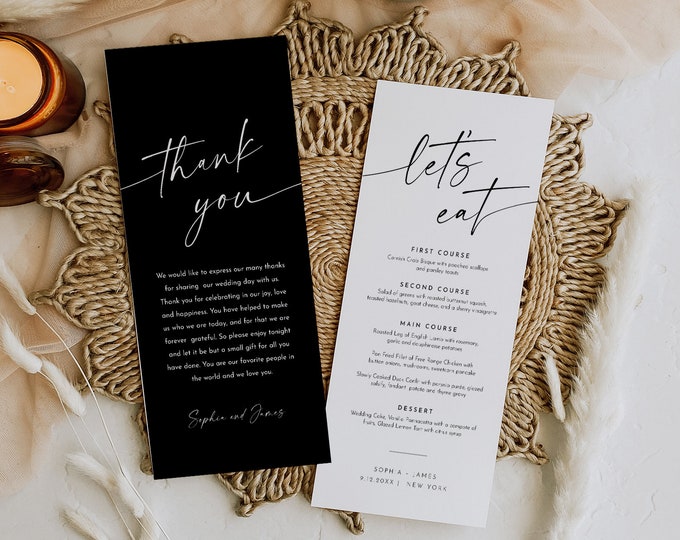 Modern Menu and Thank You Card, Classic Black Wedding Dinner Menu Template, Thank You Note, Editable, Instant, Templett, 4x9 #0034B-226WM