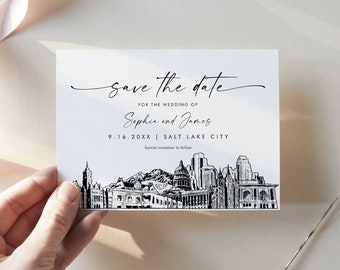 Salt Lake City Skyline Save the Date, Destination Wedding Salt Lake City, Utah Wedding Date, Editable Template, Templett, 5x7 #0047-212SD