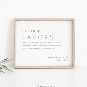 In Lieu of Favors Sign Template, Minimalist Wedding Donation Sign, Editable Charity Card, Instant Download, Printable, Templett #094-03S