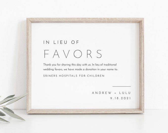 In Lieu of Favors Sign Template, Minimalist Wedding Donation Sign, Editable Charity Card, Instant Download, Printable, Templett #094-03S