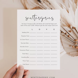 Bridal Scattergories Game, Minimalist Bridal Shower Game, Wedding Scattergories, Editable Template, Instant Download, Templett #0031-15BRG