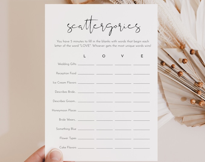 Bridal Scattergories Game, Minimalist Bridal Shower Game, Wedding Scattergories, Editable Template, Instant Download, Templett #0031-15BRG