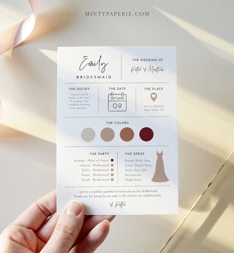 Bridesmaid Info Card Template, Bridal Party Info Card, Bridesmaid Information Card, Modern Minimalist Bridesmaid Infographic #0009-102BIC 