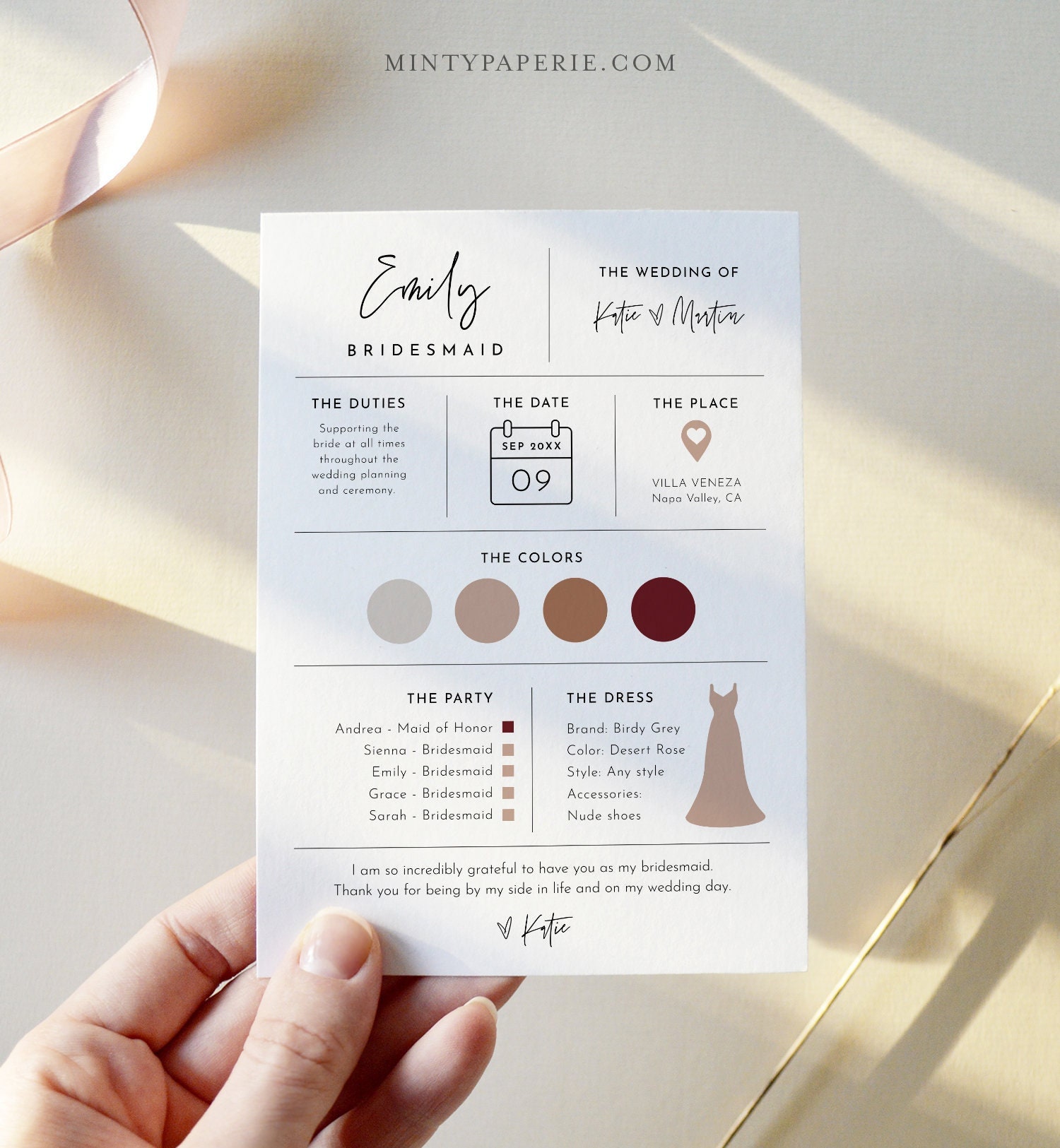 Bridesmaid Info Card Template Bridal Party Info Card Bridesmaid 