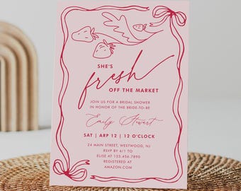Fresh Off the Market Bridal Shower Invitation Template, Coquette Strawberry Ribbon Bow Wedding Shower Invite, Editable Text #0058B-359BS