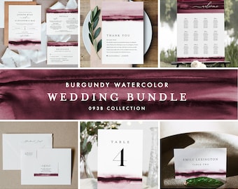 Burgundy Wedding Bundle, Watercolor Wedding Essential Templates, Invitation Suite, Editable Text, Instant Download, Templett #093B-BUNDLE