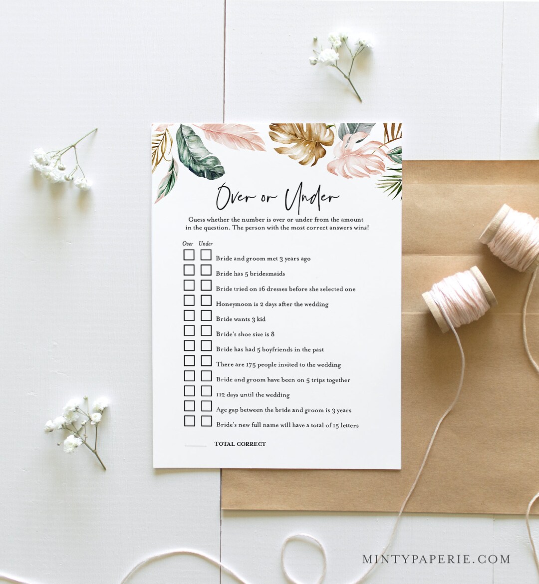 Over or Under Bridal Shower Game, Printable Greenery Bridal Shower Game ...