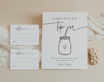 Parenting Tip Jar Sign and Advice Card, Baby Shower Advice, Editable Template, Personalize Names, Instant Download, Templett #0009-114AC