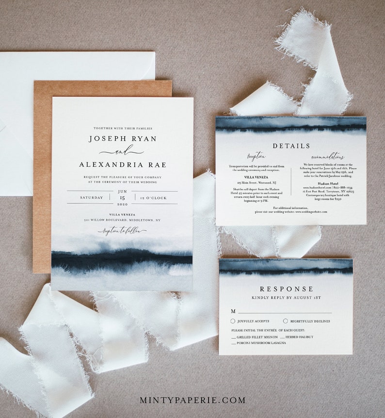 May include: Wedding invitation with a watercolor background in shades of blue. The invitation features the names Joseph Ryan and Alexandria Rae, the date June 15, 2020, and the time 18 o'clock. The invitation also includes the location Villa Veneza, 601 Willow Boulevard, Middleton, KY. The invitation is accompanied by a response card with details about the wedding and RSVP information.