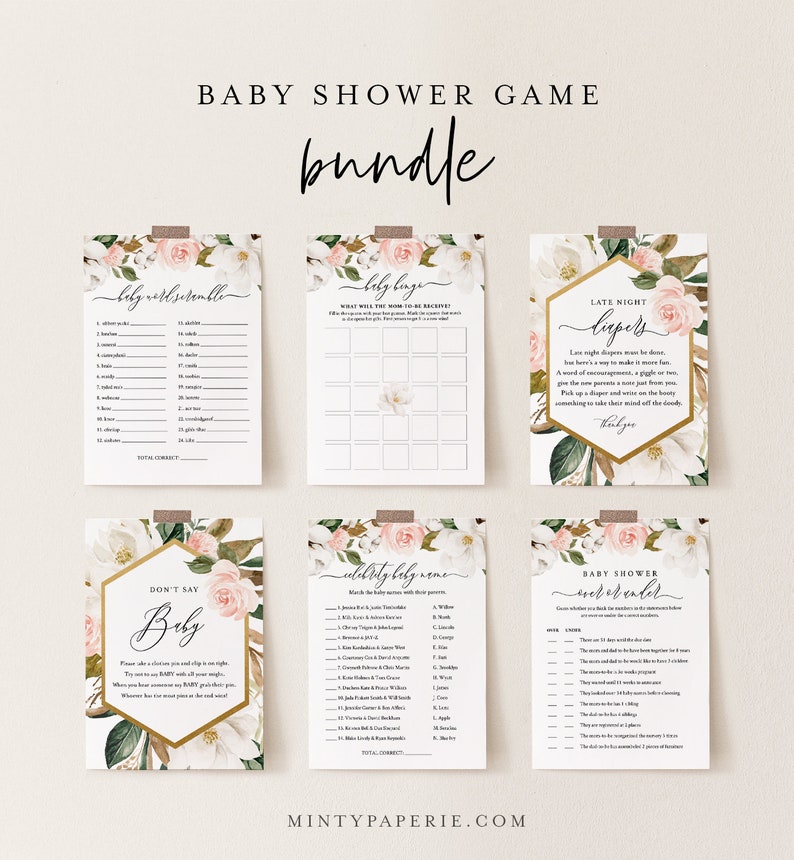 May include: A set of printable baby shower games with a floral theme. The games include "Baby Word Scramble", "Baby Bingo", "Late Night Diapers", "Don't Say Baby", "Celebrity Baby Name", and "Baby Shower Over Under".