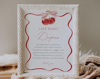 Late Night Diapers Sign, Cherry Baby Shower Game, Diaper Notes, Coquette Girl Baby Shower, Editable Template, Instant, Templett #0056-21BAG