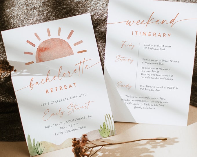 Bachelorette Desert Weekend Invitation & Itinerary, Cactus, Scottsdale, Palm Springs, Editable Template, Instant, Templett #0053-170BP