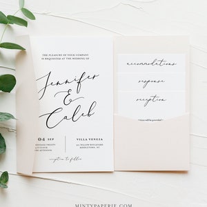 Modern Script Pocket Wedding Invitation Set, Minimalist Invite & Enclosure Cards, Instant Download, 100% Editable Template, Templett #045PF