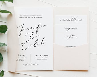 Modern Script Pocket Wedding Invitation Set, Minimalist Invite & Enclosure Cards, Instant Download, 100% Editable Template, Templett #045PF