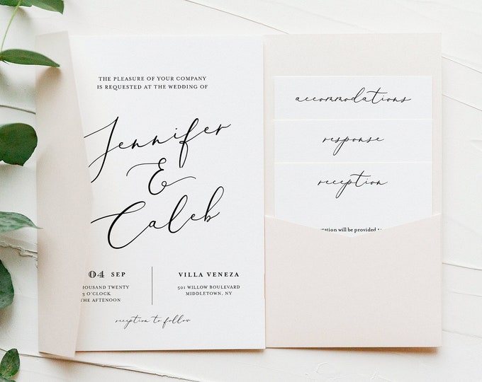 Modern Script Pocket Wedding Invitation Set, Minimalist Invite & Enclosure Cards, Instant Download, 100% Editable Template, Templett #045PF