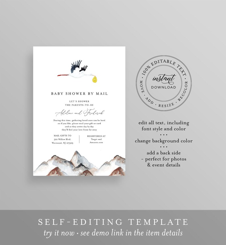 May include: A printable baby shower invitation with a watercolor mountain background and a stork carrying a baby carriage. The text reads "Baby Shower by Mail Let's Shower the Parents-to-be Aline and Frudrab".