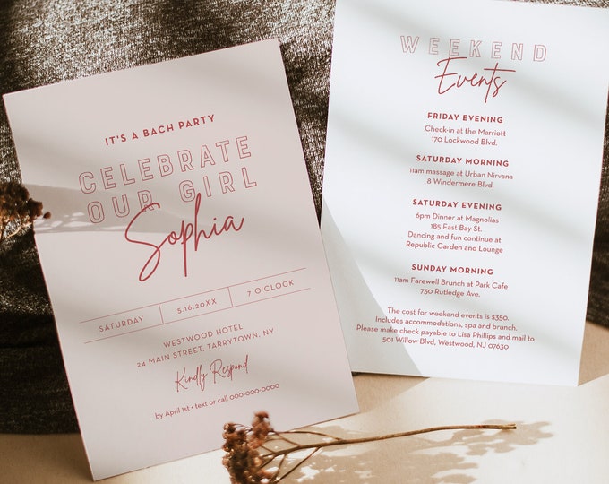 Modern Bachelorette Invitation & Itinerary Timeline, Celebrate Our Girl, Edgy, Editable Template, INSTANT DOWNLOAD, Templett #055-152BP