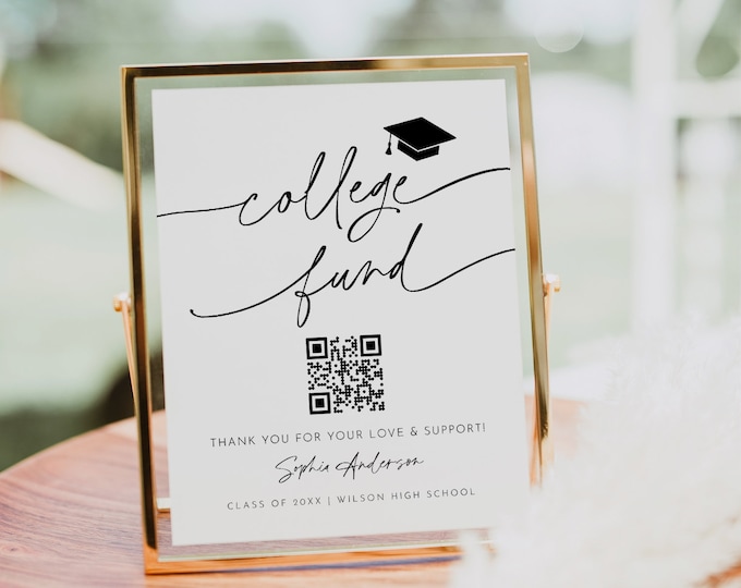 College Fund Sign, Venmo Future College Donation, Graduation Fund Gift, QR Code, Editable Template, Instant, Templett, 8x10 #0032-84S