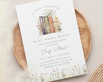A New Chapter Bridal Shower Invitation, Book Lover, Storybook, Wildflower, Fairytale Wedding Shower Invite, Editable Template #0066-363BS
