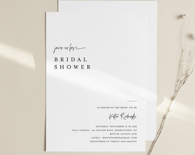 Minimalist Bridal Shower Invitation Template, Simple Couples Shower Invite, Wedding Shower, 100% Editable, INSTANT DOWNLOAD #0009-289BS