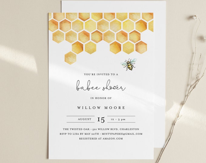 Babee Shower Invitation Template, Printable Bee Baby Shower Invite, Honeycomb, Instant Download, Editable Text, DIY, Templett #097-151BA