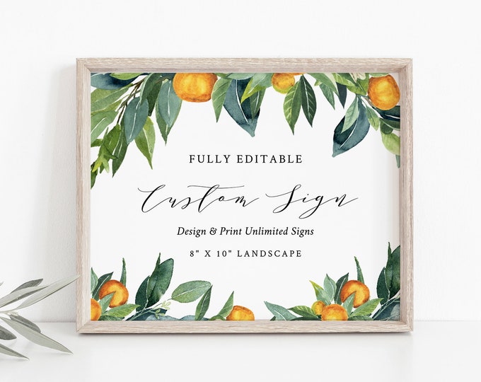 Custom Sign Template, Wedding / Bridal Shower Table Sign, Citrus Garden, Orange Grove, Unlimited Signs, INSTANT DOWNLOAD, Templett 084-134CS