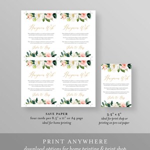 May include: Four printable cards with a floral design and the text "Honeymoon Wish". The cards feature white and pink flowers with green leaves. The text "Save Paper" is at the bottom of the image, along with instructions for printing the cards. The text "Print Anywhere" is at the bottom of the image, along with instructions for printing the cards.