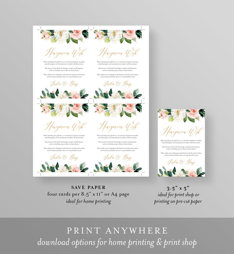 May include: Four printable cards with a floral design and the text "Honeymoon Wish". The cards feature white and pink flowers with green leaves. The text "Save Paper" is at the bottom of the image, along with instructions for printing the cards. The text "Print Anywhere" is at the bottom of the image, along with instructions for printing the cards.