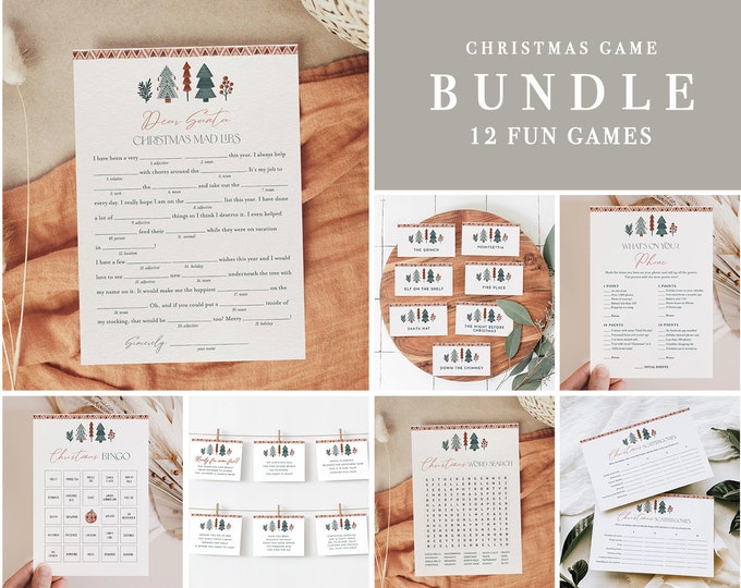 Christmas Game Bundle, Bohemian Holiday Party Games, Family Fun, 12 Editable Games, Editable Template, Instant Download, Templett #0033CGB