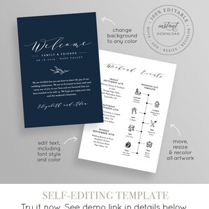 May include: Editable wedding invitation template with a navy blue background and white text. The text says "Welcome Family & Friends 06.18.2019 Napa Valley". The template includes a wedding timeline with icons for each event.