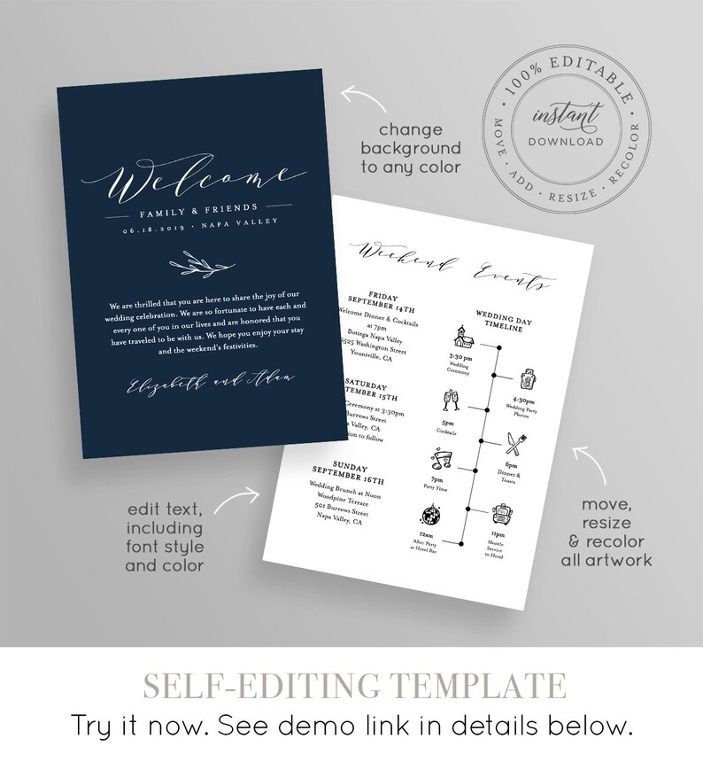 May include: Editable wedding invitation template with a navy blue background and white text. The text says "Welcome Family & Friends 06.18.2019 Napa Valley". The template includes a wedding timeline with icons for each event.
