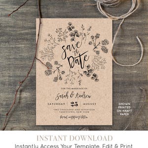 Rústico Guardar la fecha Plantilla, Descarga instantánea, Boda Kraft imprimible Guardar la fecha, Plantilla totalmente editable, Digital, DIY #018-107SD
