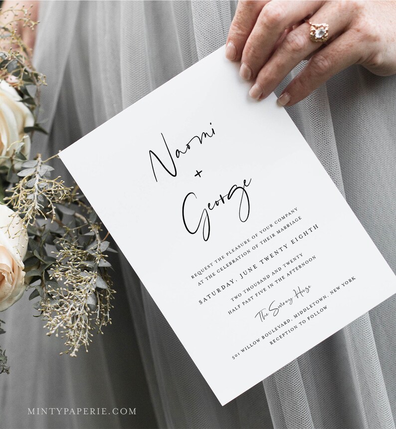 May include: A white wedding invitation with black calligraphy for a wedding ceremony for Naomi and George. The invitation states the date and time of the wedding is Saturday, June 28th, 2020 at 5:30 PM. The location is 501 Willow Boulevard, Middletown, New York. The reception will follow.