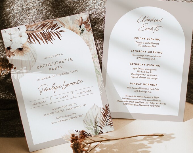 Boho Bachelorette Party Invitation + Itinerary, Dried Foliage, Pampas, Bohemian, Editable Template, Instant Download, Templett #0028A-150BP