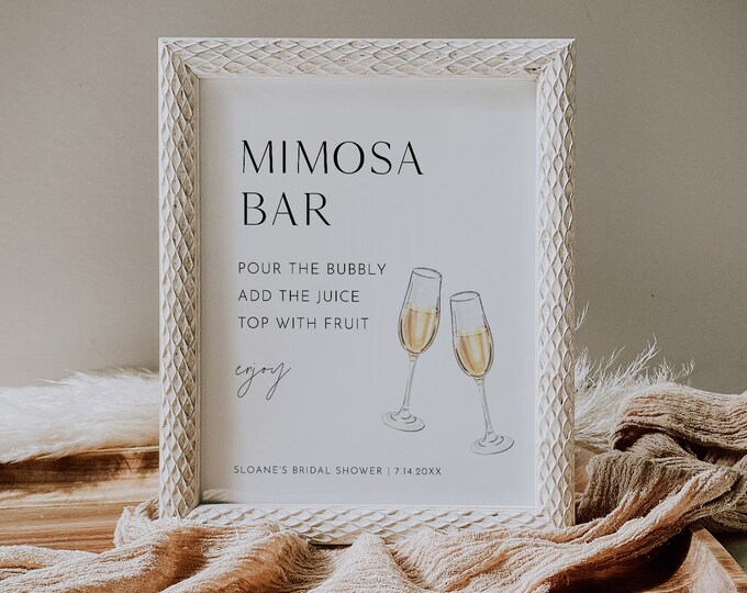 Mimosa Bar Sign & Tag, Bridal Shower Mimosa Sign, Wedding Mimosa Bar, Bubbly Bar, Editable Template, Instant Download, Templett #0026B-08S