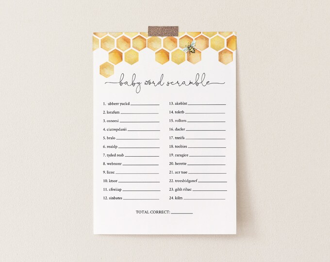 Baby Word Scramble Game, Printable Baby Word Puzzle, Honey Bee Baby Shower Game, Editable Template, INSTANT DOWNLOAD, Templett #097-165BASG