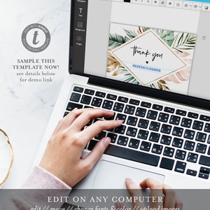 May include: A laptop computer screen displaying a thank you card template with a gold and green tropical leaf design. The text on the card reads "Thank you" with the names "Olivia & Jason" below. The text "Edit on any computer" is displayed below the laptop screen.
